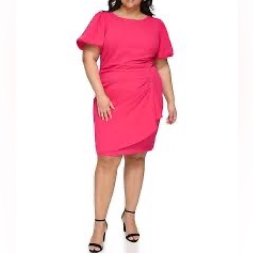 DKNY Plus SZ Short Puff Sleeve Crew Neck Side Ruching Scuba Crepe Sheath Dress